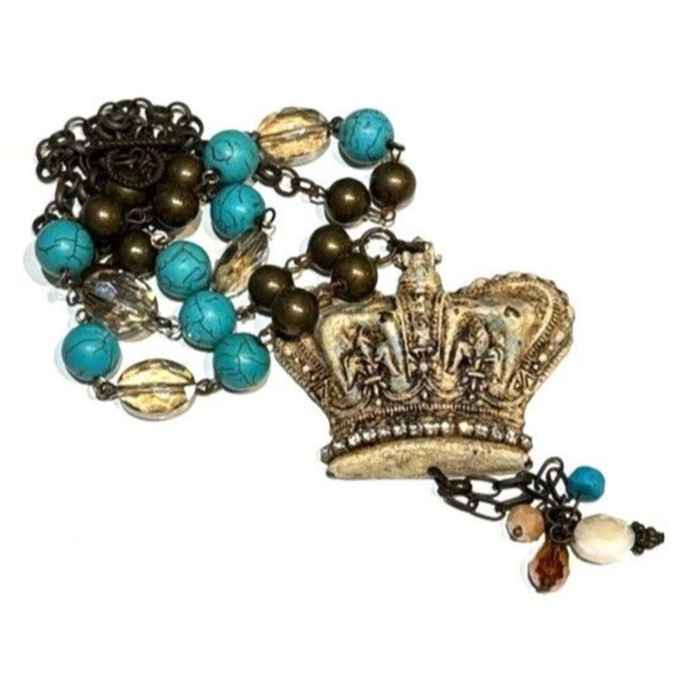 Vintage Bronze Crown Pendant Necklace Faux Turquoise Dangle Whimsigoth Royalcore - Picture 3 of 10